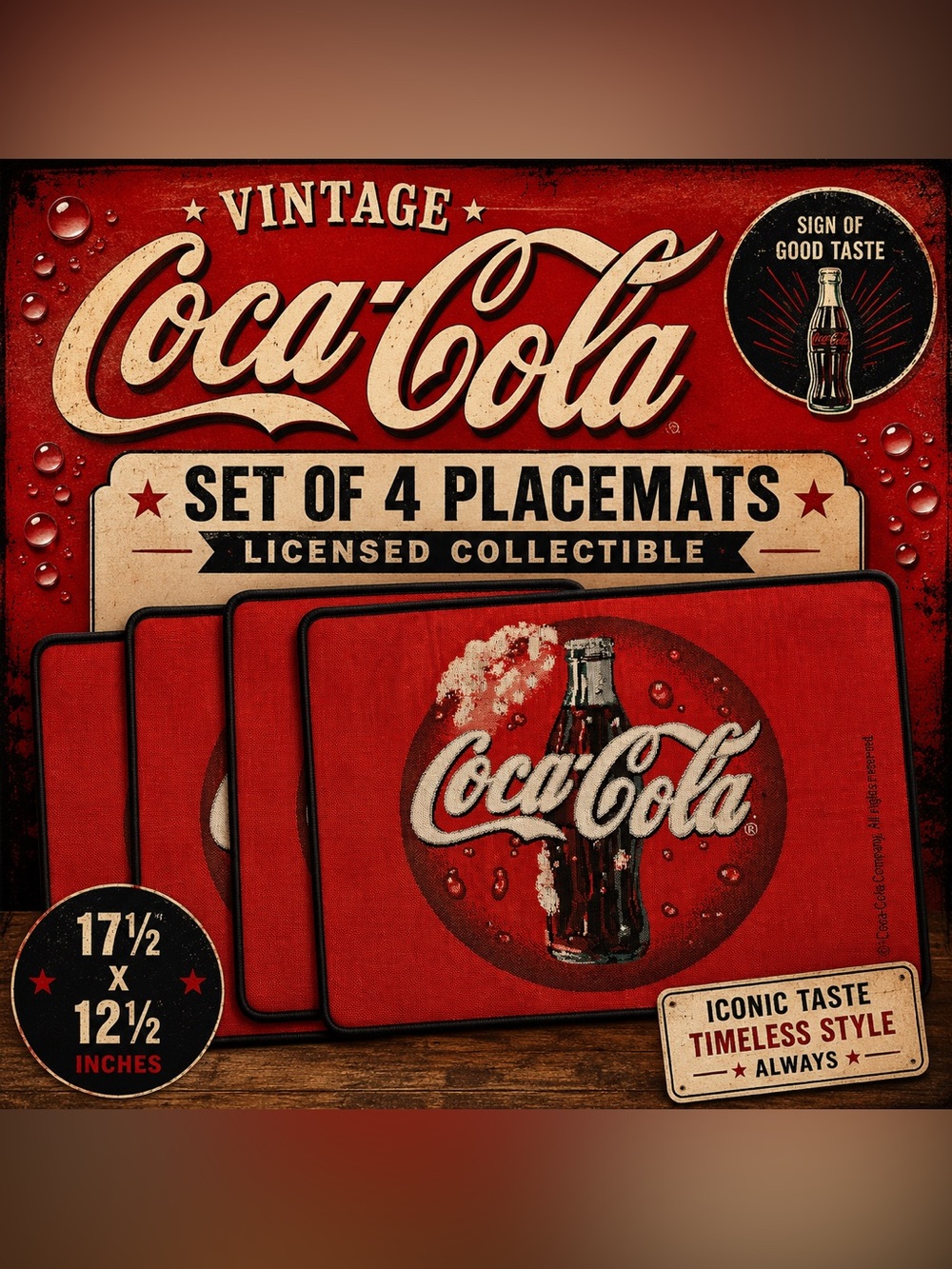 Vintage Coca-Cola Placemats-Set of 4 | Licensed Americana Kitchen Dining Décor